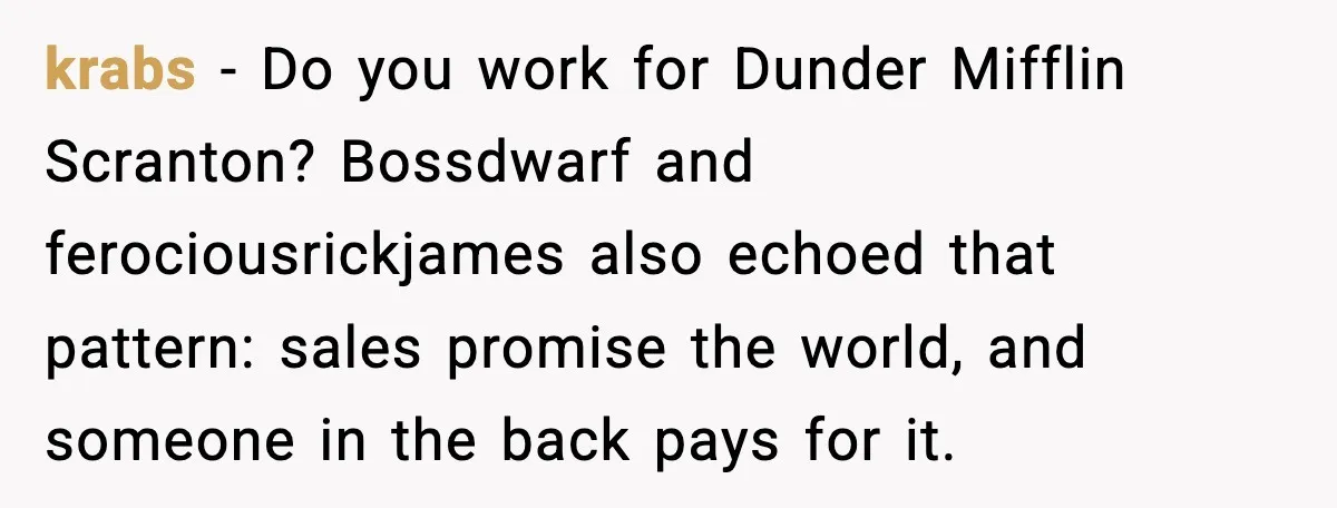 krabs - Do you work for Dunder Mifflin Scranton? Bossdwarf and ferociousrickjames also echoed that pattern: sales promise the world, and someone in the back pays for it.