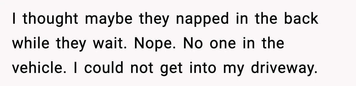 I thought maybe they napped in the back while they wait. Nope. No one in the vehicle. I could not get into my driveway.
