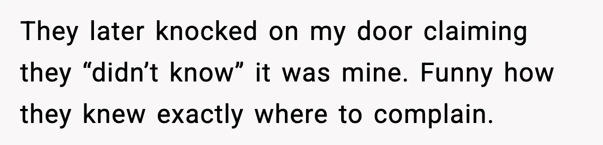 They later knocked on my door claiming they “didn’t know” it was mine. Funny how they knew exactly where to complain.