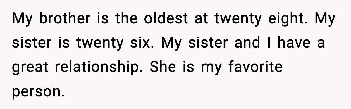 My brother is the oldest at twenty eight. My sister is twenty six. My sister and I have a great relationship. She is my favorite person.