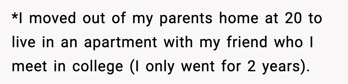 *I moved out of my parents home at 20 to live in an apartment with my friend who I meet in college (I only went for 2 years).