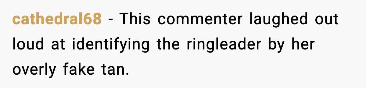 cathedral68 - This commenter laughed out loud at identifying the ringleader by her overly fake tan.
