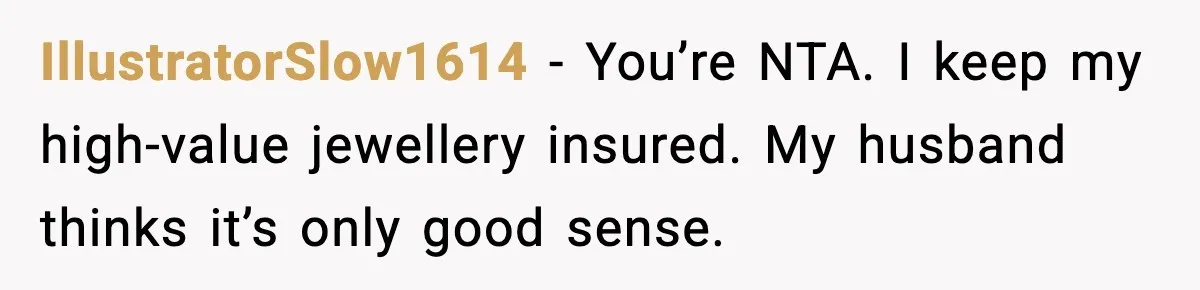 IllustratorSlow1614 - You’re NTA. I keep my high-value jewellery insured. My husband thinks it’s only good sense.