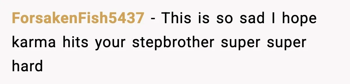 ForsakenFish5437 − This is so sad I hope karma hits your stepbrother super super hard