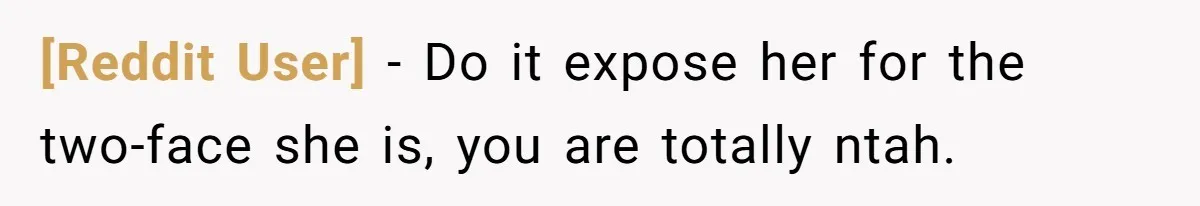 [Reddit User] − Do it expose her for the two-face she is, you are totally ntah.