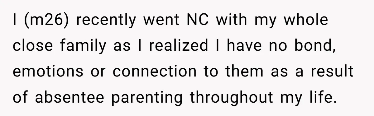 Parents Ignore Son For 26 Years, Suddenly Want Close Bond But Refuse To Help Him Buy House And Walk Away Forever I (m26) recently went NC with my whole close family as I realized I have no bond, emotions or connection to them as a result of absentee parenting throughout my...