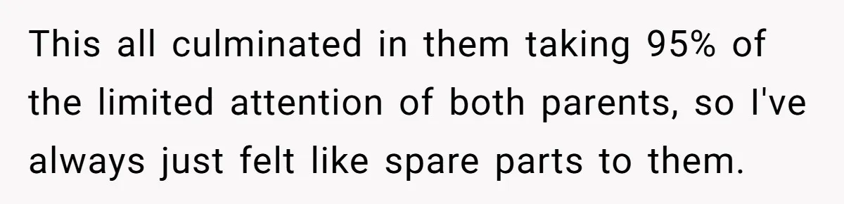 Parents Ignore Son For 26 Years, Suddenly Want Close Bond But Refuse To Help Him Buy House And Walk Away Forever This all culminated in them taking 95% of the limited attention of both parents, so I've always just felt like spare parts to them.