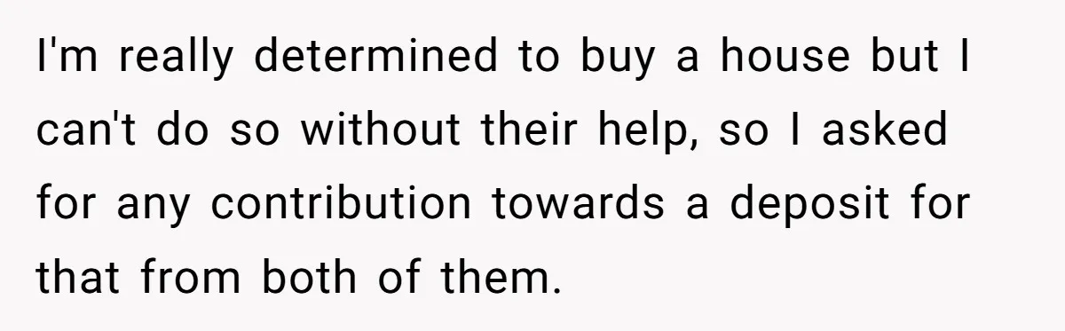 Parents Ignore Son For 26 Years, Suddenly Want Close Bond But Refuse To Help Him Buy House And Walk Away Forever I'm really determined to buy a house but I can't do so without their help, so I asked for any contribution towards a deposit for that from both of them.