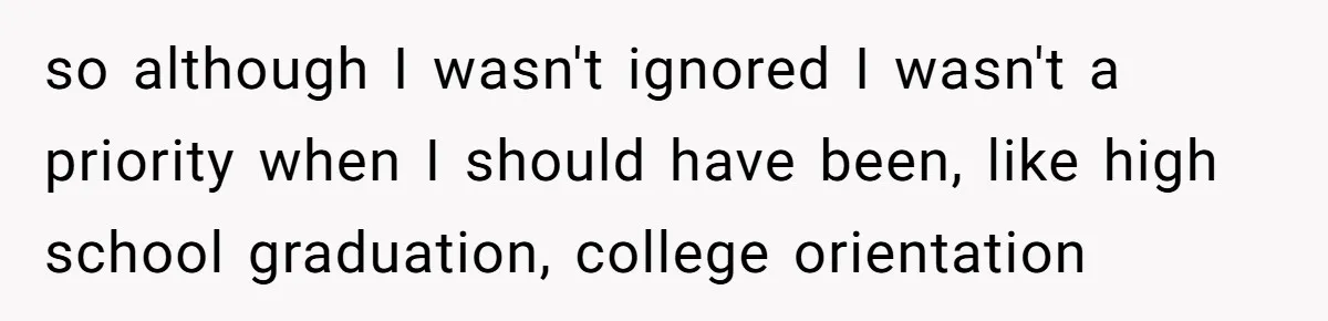 Parents Ignore Son For 26 Years, Suddenly Want Close Bond But Refuse To Help Him Buy House And Walk Away Forever so although I wasn't ignored I wasn't a priority when I should have been, like high school graduation, college orientation