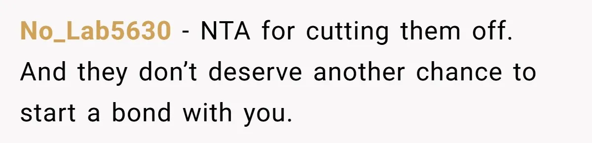 Parents Ignore Son For 26 Years, Suddenly Want Close Bond But Refuse To Help Him Buy House And Walk Away Forever No_Lab5630 − NTA for cutting them off. And they don’t deserve another chance to start a bond with you.