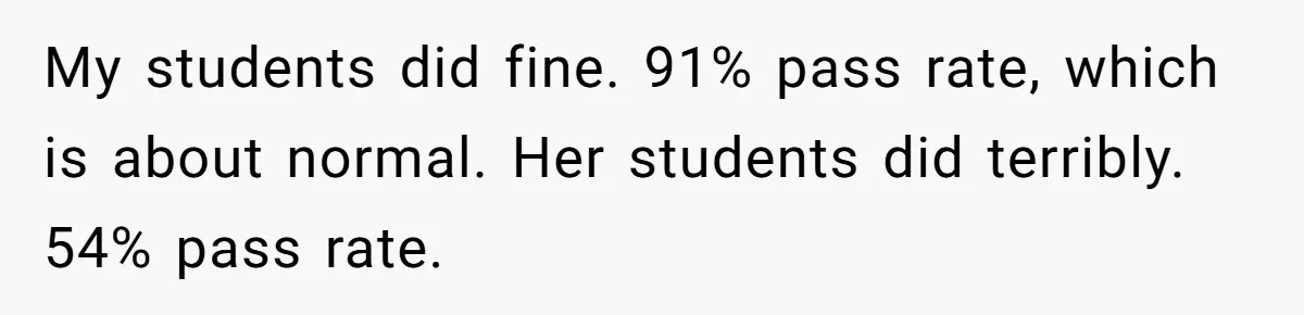 Head Of Math Department Tells Students Their Teacher Was Incompetent, Causing Summer Nightmare My students did fine. 91% pass rate, which is about normal. Her students did terribly. 54% pass rate.
