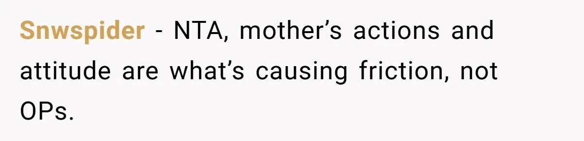 Snwspider − NTA, mother’s actions and attitude are what’s causing friction, not OPs.