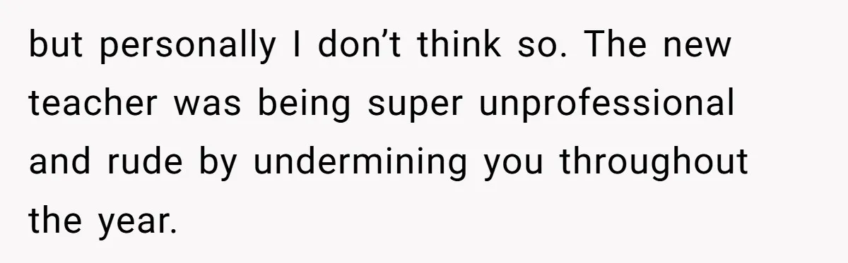 Head Of Math Department Tells Students Their Teacher Was Incompetent, Causing Summer Nightmare but personally I don’t think so. The new teacher was being super unprofessional and rude by undermining you throughout the year.