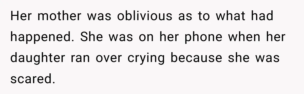 Her mother was oblivious as to what had happened. She was on her phone when her daughter ran over crying because she was scared.