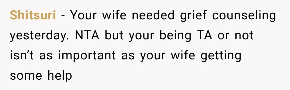 Shitsuri − Your wife needed grief counseling yesterday. NTA but your being TA or not  isn’t as important as your wife getting some help