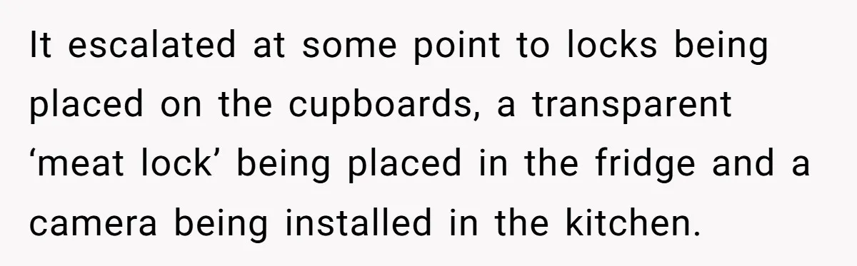 It escalated at some point to locks being placed on the cupboards, a transparent ‘meat lock’ being placed in the fridge and a camera being installed in the kitchen.