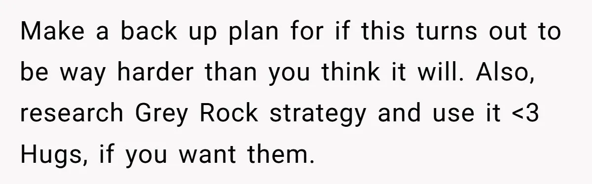 Make a back up plan for if this turns out to be way harder than you think it will. Also, research Grey Rock strategy and use it <3 Hugs, if...