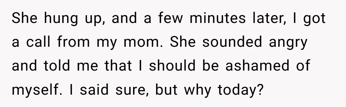 She hung up, and a few minutes later, I got a call from my mom. She sounded angry and told me that I should be ashamed of myself. I said...