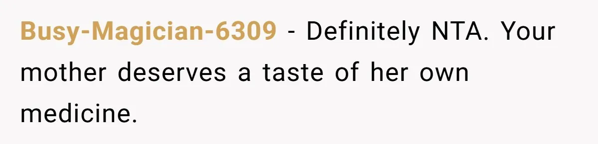Busy-Magician-6309 − Definitely NTA. Your mother deserves a taste of her own medicine.