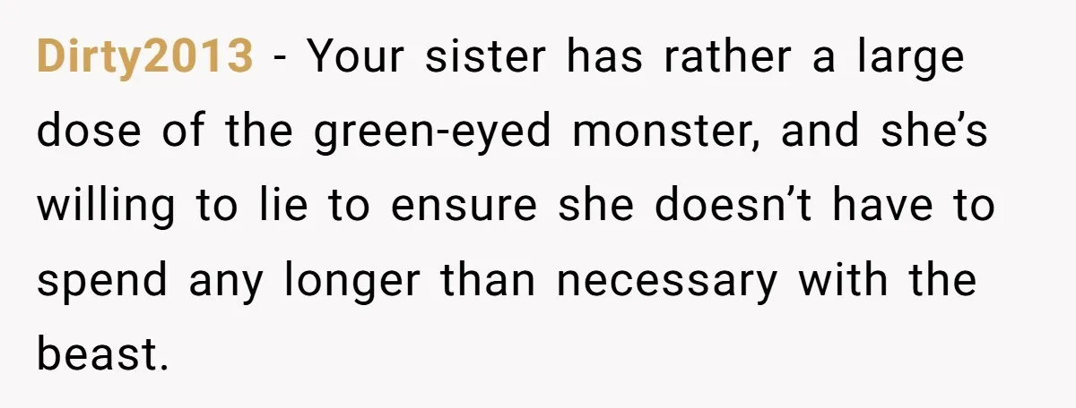 Dirty2013 − Your sister has rather a large dose of the green-eyed monster, and she’s willing to lie to ensure she doesn’t have to spend any longer than necessary with...