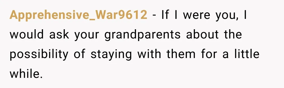Apprehensive_War9612 − If I were you, I would ask your grandparents about the possibility of staying with them for a little while.