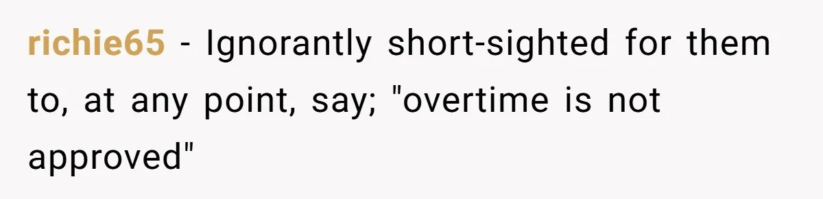 richie65 − Ignorantly short-sighted for them to, at any point, say; "overtime is not approved"