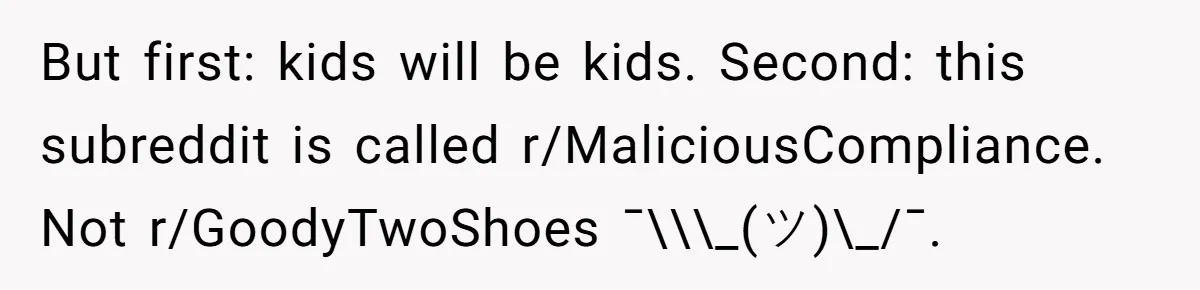 But first: kids will be kids. Second: this subreddit is called r/MaliciousCompliance. Not r/GoodyTwoShoes ¯\\\_(ツ)\_/¯.