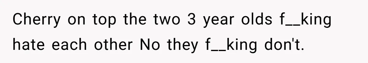 Cherry on top the two 3 year olds f__king hate each other No they f__king don't.