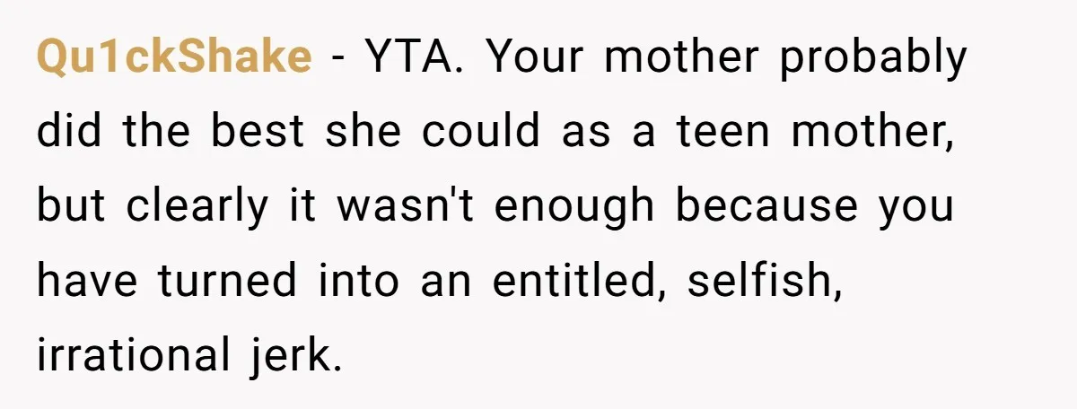 Qu1ckShake − YTA. Your mother probably did the best she could as a teen mother, but clearly it wasn't enough because you have turned into an entitled, selfish, irrational jerk.