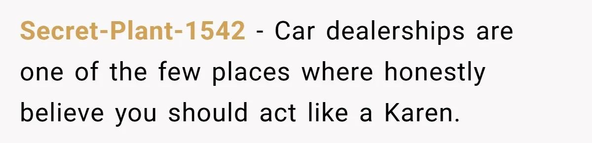 Secret-Plant-1542 − Car dealerships are one of the few places where honestly believe you should act like a Karen.