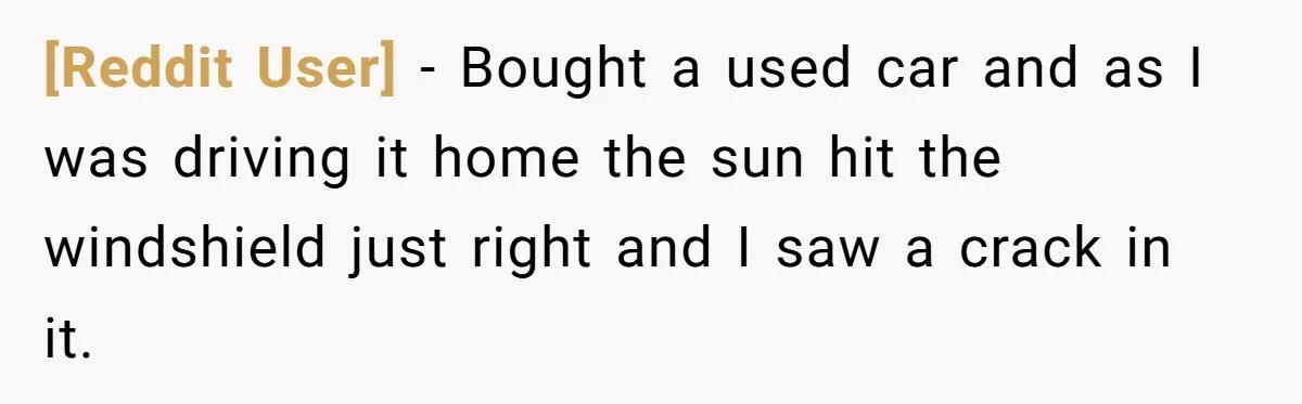 [Reddit User] − Bought a used car and as I was driving it home the sun hit the windshield just right and I saw a crack in it.