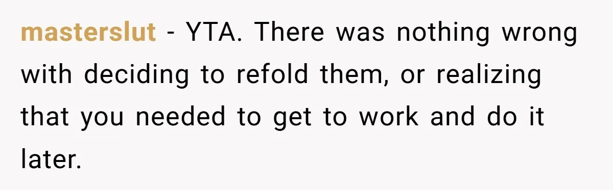 masterslut − YTA. There was nothing wrong with deciding to refold them, or realizing that you needed to get to work and do it later.