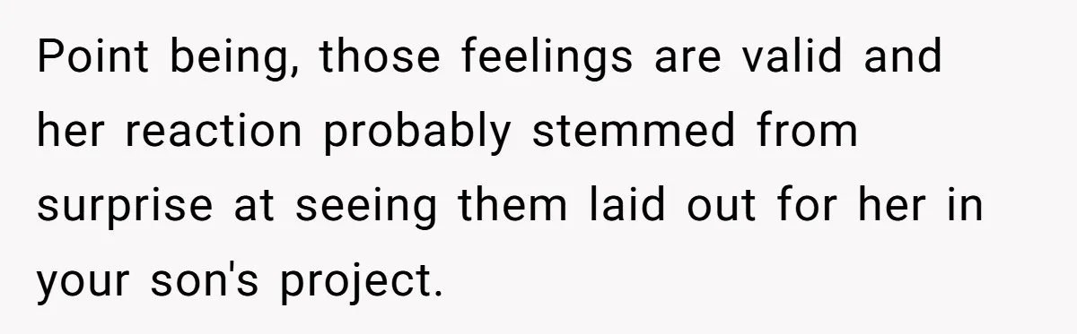 Point being, those feelings are valid and her reaction probably stemmed from surprise at seeing them laid out for her in your son's project.