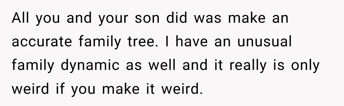 All you and your son did was make an accurate family tree. I have an unusual family dynamic as well and it really is only weird if you make it...