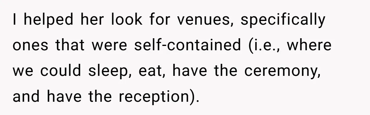 I helped her look for venues, specifically ones that were self-contained (i.e., where we could sleep, eat, have the ceremony, and have the reception).