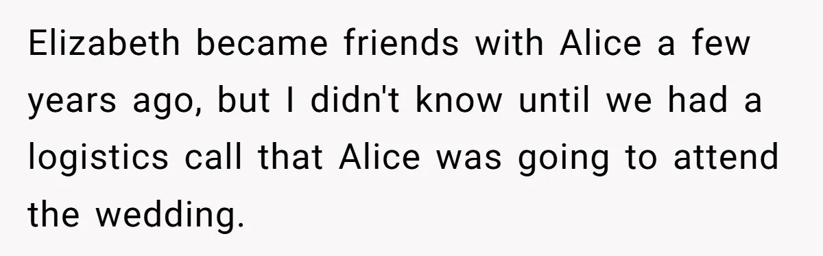 Elizabeth became friends with Alice a few years ago, but I didn't know until we had a logistics call that Alice was going to attend the wedding.