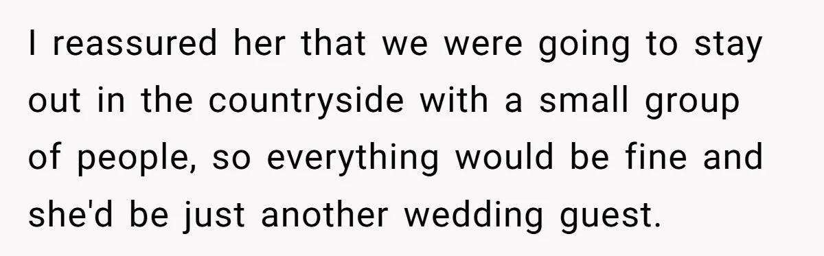 I reassured her that we were going to stay out in the countryside with a small group of people, so everything would be fine and she'd be just another wedding...