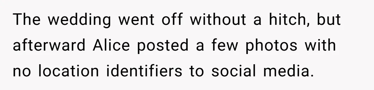 The wedding went off without a hitch, but afterward Alice posted a few photos with no location identifiers to social media.