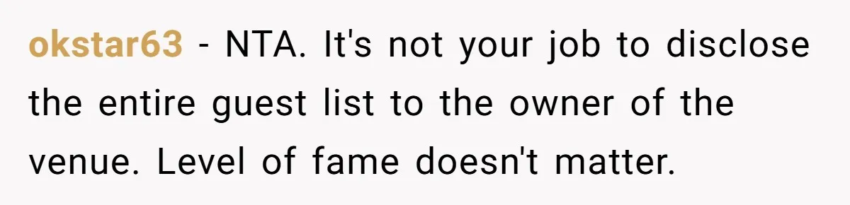 okstar63 − NTA. It's not your job to disclose the entire guest list to the owner of the venue. Level of fame doesn't matter.