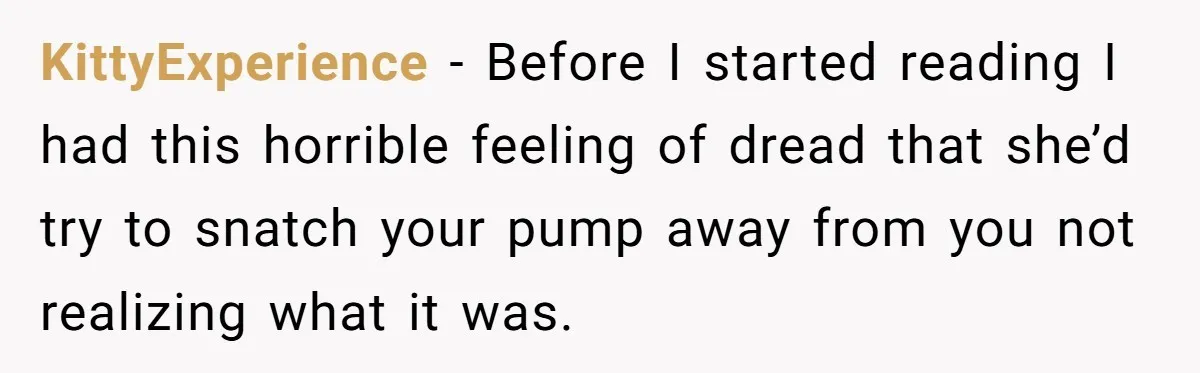KittyExperience − Before I started reading I had this horrible feeling of dread that she’d try to snatch your pump away from you not realizing what it was.