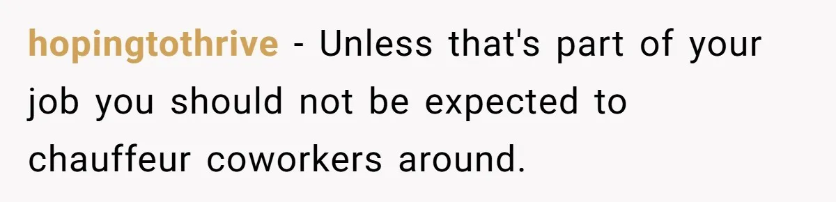 Man Refused To Take A Smelly Co-Worker To The Airport, And Now Everyone Thinks He’s The Jerk hopingtothrive − Unless that's part of your job you should not be expected to chauffeur coworkers around.