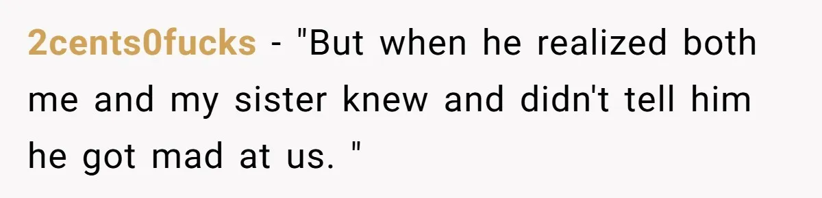 2cents0fucks − "But when he realized both me and my sister knew and didn't tell him he got mad at us. "