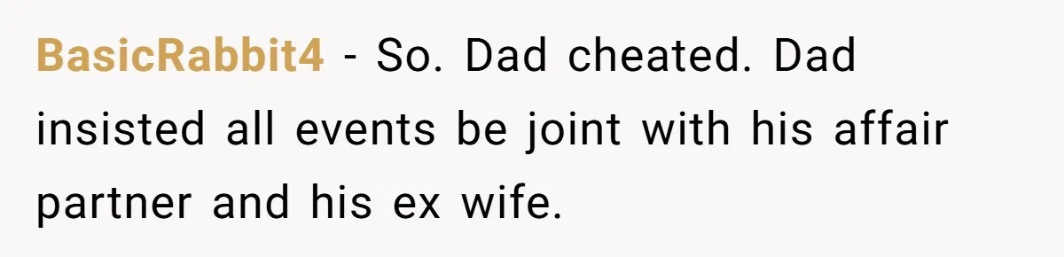BasicRabbit4 − So. Dad cheated. Dad insisted all events be joint with his affair partner and his ex wife.