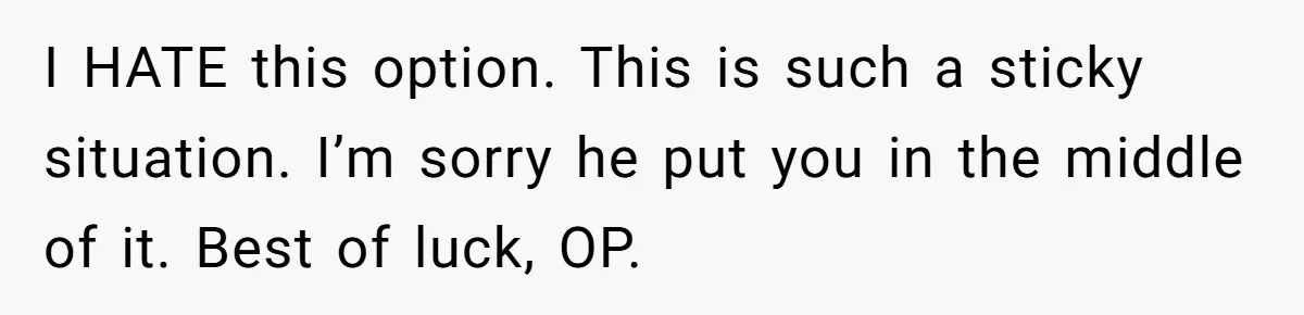 I HATE this option. This is such a sticky situation. I’m sorry he put you in the middle of it. Best of luck, OP.