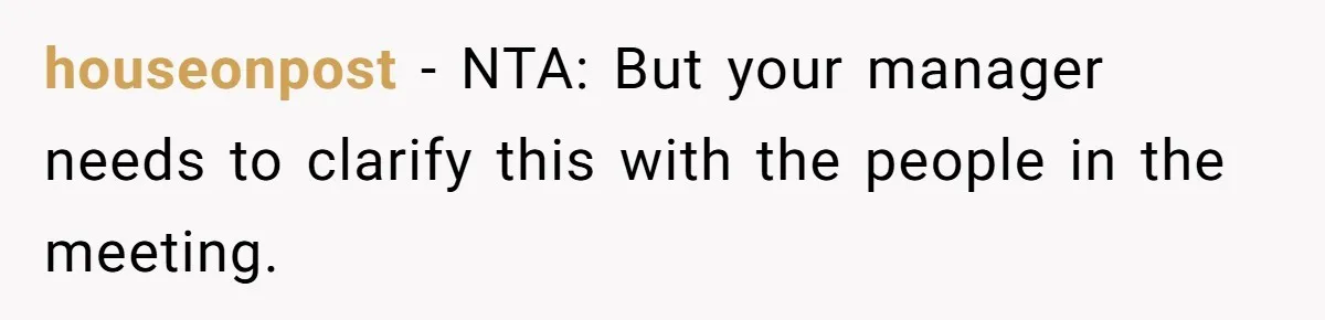 houseonpost − NTA: But your manager needs to clarify this with the people in the meeting.