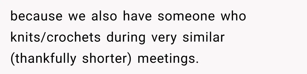 because we also have someone who knits/crochets during very similar (thankfully shorter) meetings.