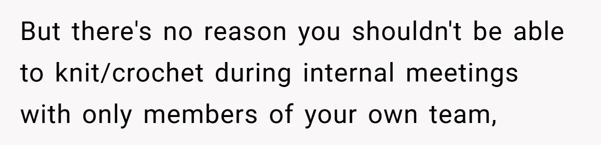 But there's no reason you shouldn't be able to knit/crochet during internal meetings with only members of your own team,