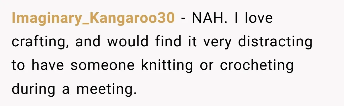 Imaginary_Kangaroo30 − NAH. I love crafting, and would find it very distracting to have someone knitting or crocheting during a meeting.