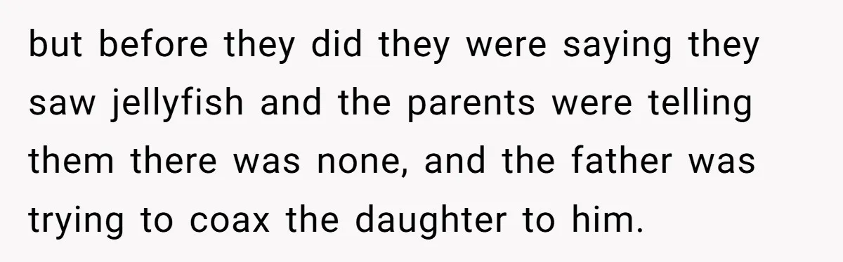 Man Warns Dad About Hazard Near His Little Kids But Gets Accused Of Destroying Their Beach Day but before they did they were saying they saw jellyfish and the parents were telling them there was none, and the father was trying to coax the daughter to him.