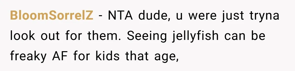 Man Warns Dad About Hazard Near His Little Kids But Gets Accused Of Destroying Their Beach Day BloomSorrelZ − NTA dude, u were just tryna look out for them. Seeing jellyfish can be freaky AF for kids that age,